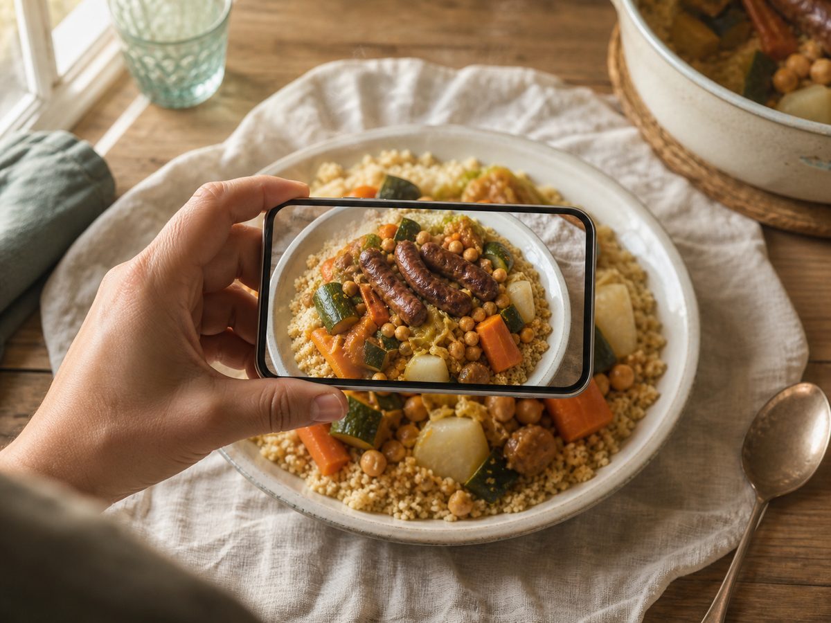 Une main photographie une assiette de couscous avec un téléphone