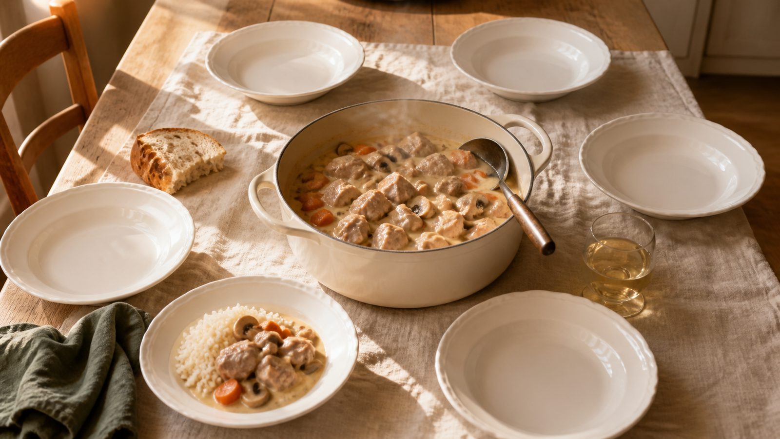 Blanquette de veau dans sa cocotte, au centre de la table