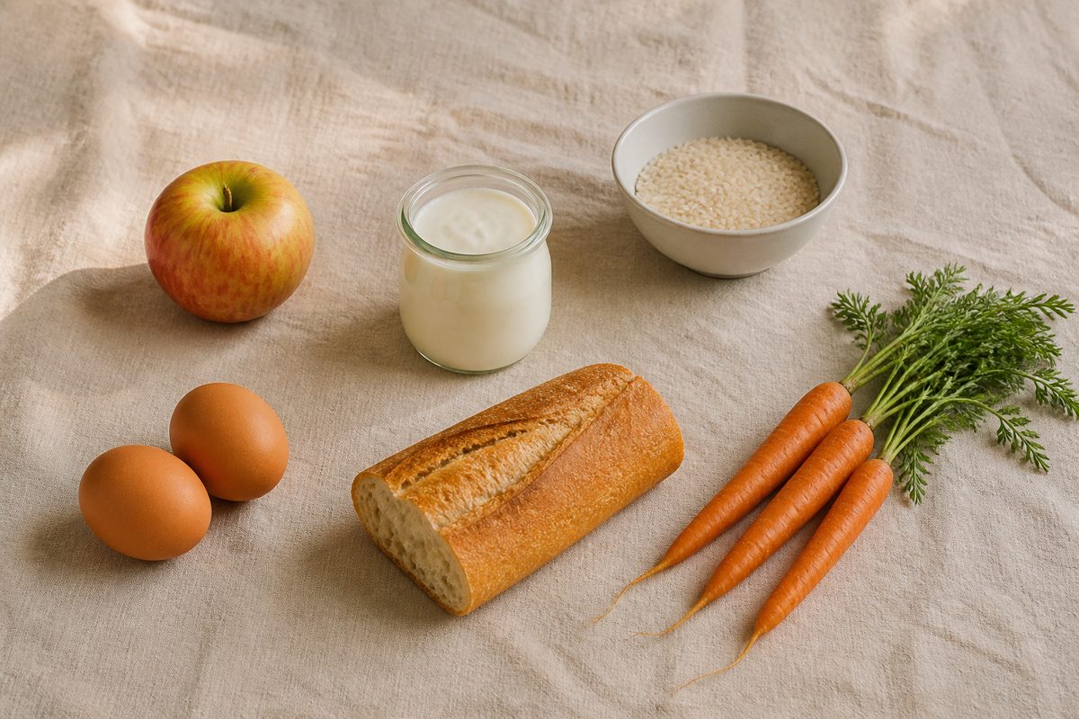 Pomme, œufs, pain, carottes, yaourt : des aliments simples sur une nappe en lin